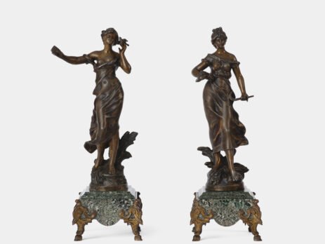 "Pair of Art Nouveau sculptures by Auguste Moreau, La Moisson and Le Message, in zinc with a bronze patina on a marble base, circa 1880-1900."