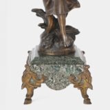 "Pair of Art Nouveau sculptures by Auguste Moreau, La Moisson and Le Message, in zinc with a bronze patina on a marble base, circa 1880-1900."