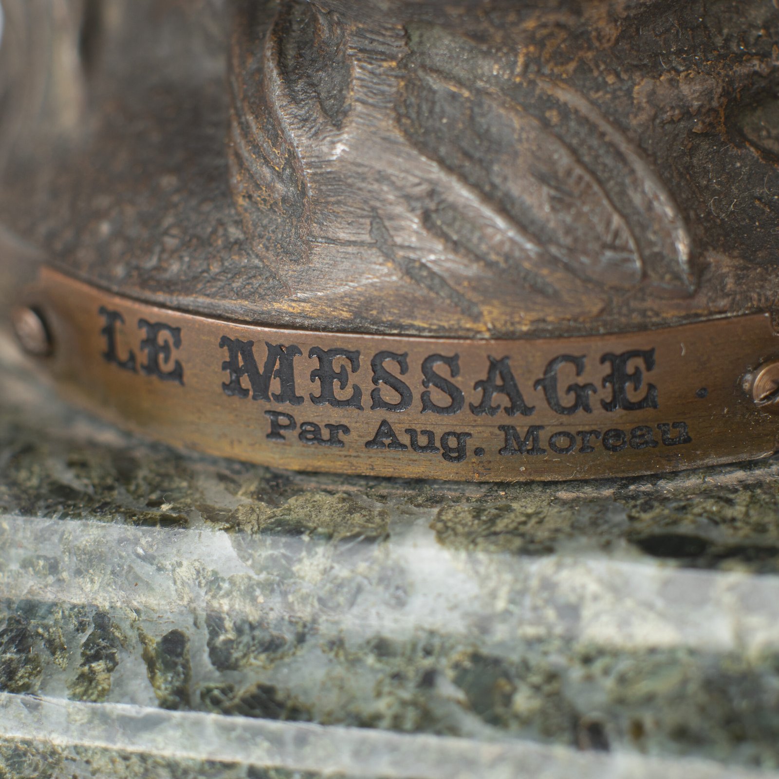 "Pair of Art Nouveau sculptures by Auguste Moreau, La Moisson and Le Message, in zinc with a bronze patina on a marble base, circa 1880-1900."