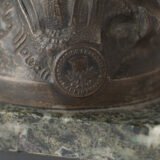 "Pair of Art Nouveau sculptures by Auguste Moreau, La Moisson and Le Message, in zinc with a bronze patina on a marble base, circa 1880-1900."