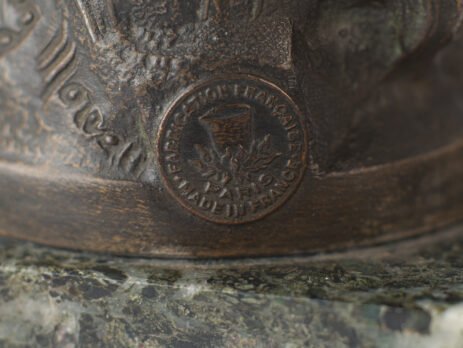 Auguste Moreau sculpture pair Art Nouveau zinc figures on marble bases, 19th century "Pair of Art Nouveau sculptures by Auguste Moreau, La Moisson and Le Message, in zinc with a bronze patina on a marble base, circa 1880-1900."