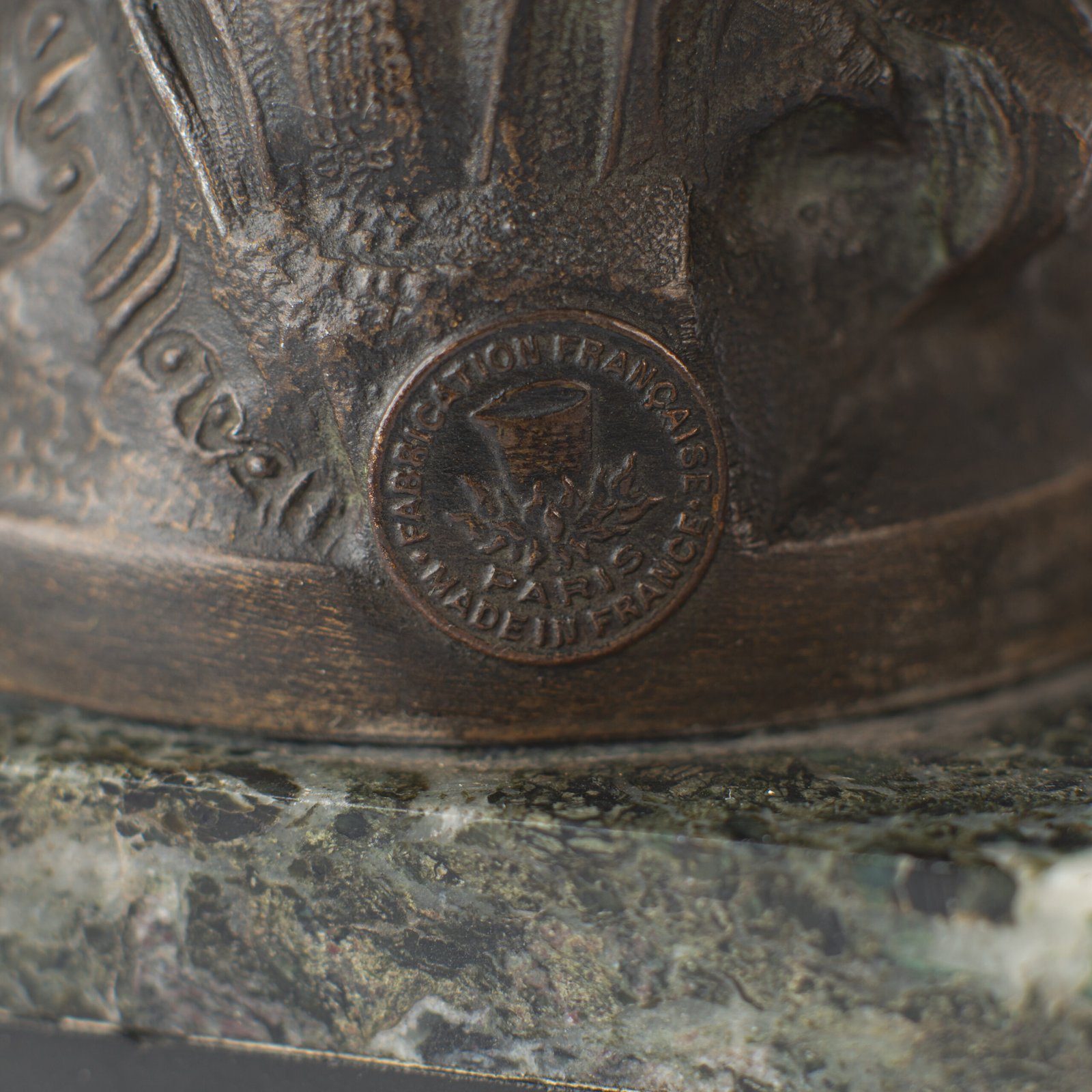 "Pair of Art Nouveau sculptures by Auguste Moreau, La Moisson and Le Message, in zinc with a bronze patina on a marble base, circa 1880-1900."