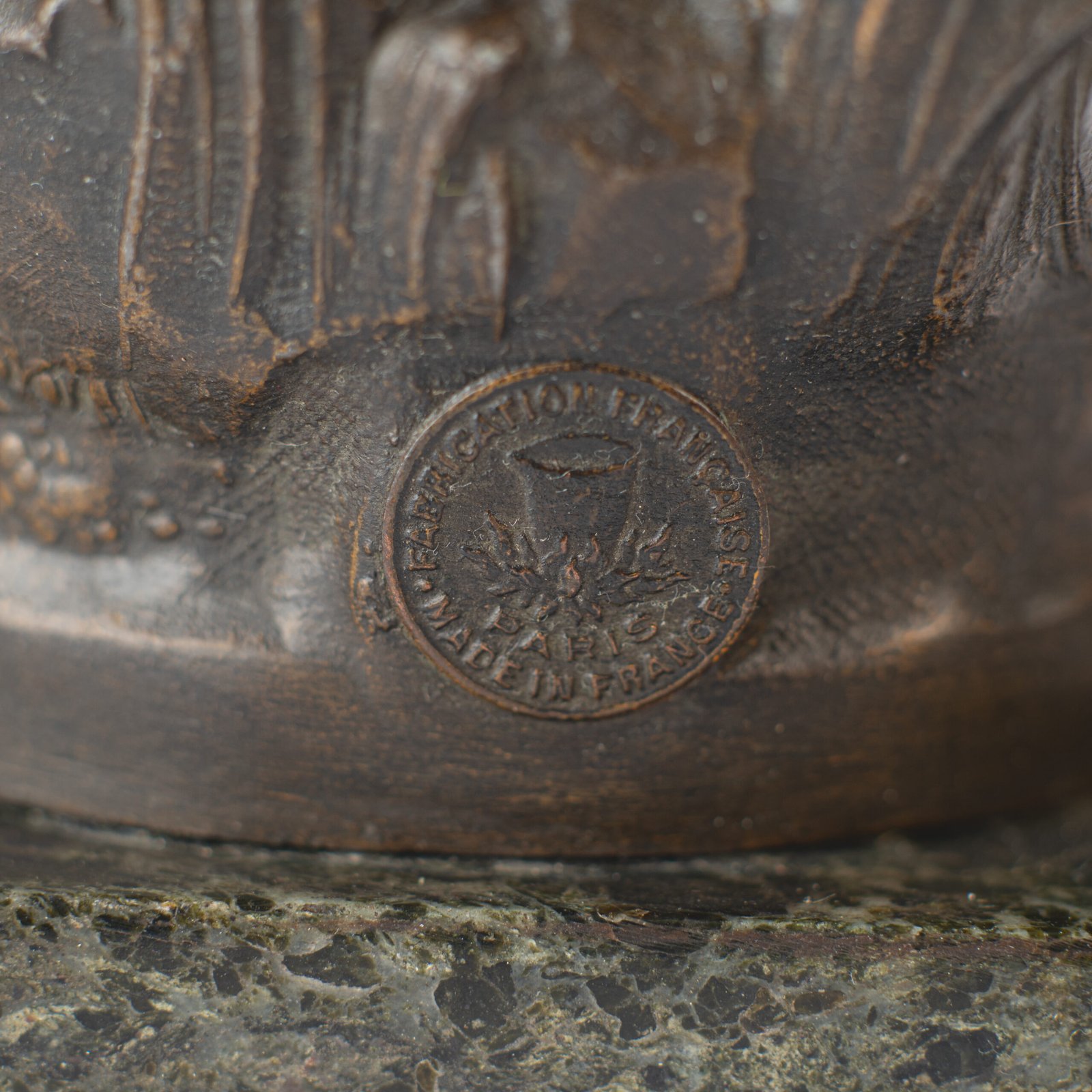 "Pair of Art Nouveau sculptures by Auguste Moreau, La Moisson and Le Message, in zinc with a bronze patina on a marble base, circa 1880-1900."