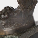 "Pair of Art Nouveau sculptures by Auguste Moreau, La Moisson and Le Message, in zinc with a bronze patina on a marble base, circa 1880-1900."