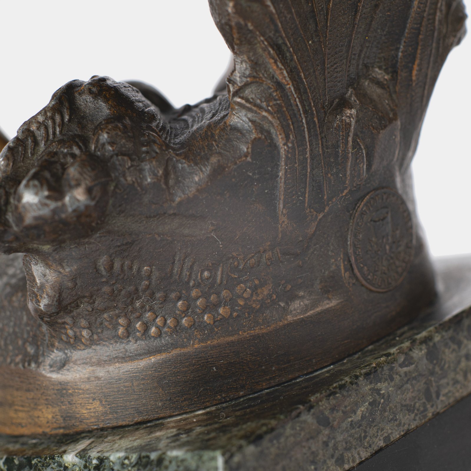 "Pair of Art Nouveau sculptures by Auguste Moreau, La Moisson and Le Message, in zinc with a bronze patina on a marble base, circa 1880-1900."