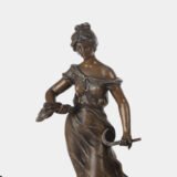 "Pair of Art Nouveau sculptures by Auguste Moreau, La Moisson and Le Message, in zinc with a bronze patina on a marble base, circa 1880-1900."