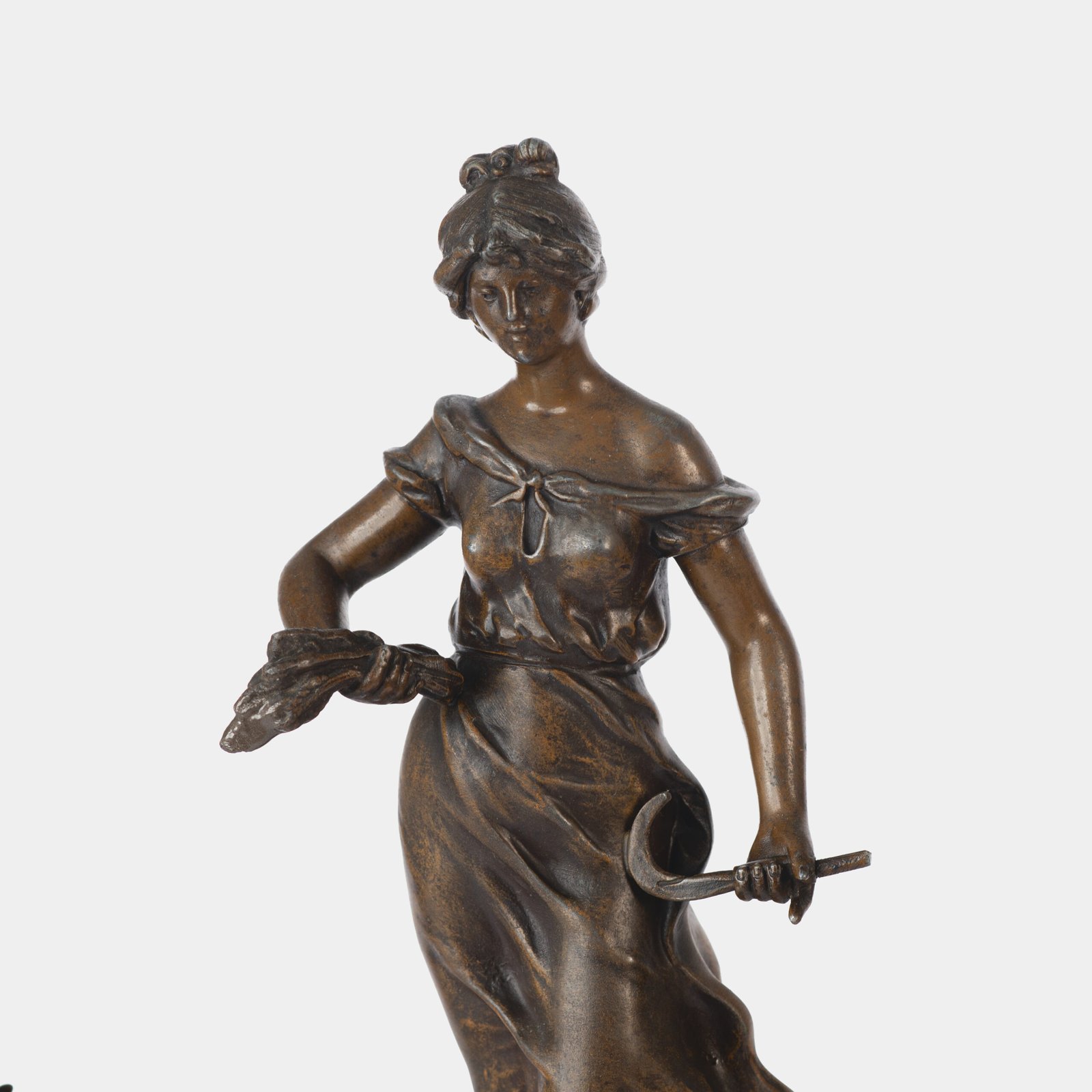 "Pair of Art Nouveau sculptures by Auguste Moreau, La Moisson and Le Message, in zinc with a bronze patina on a marble base, circa 1880-1900."