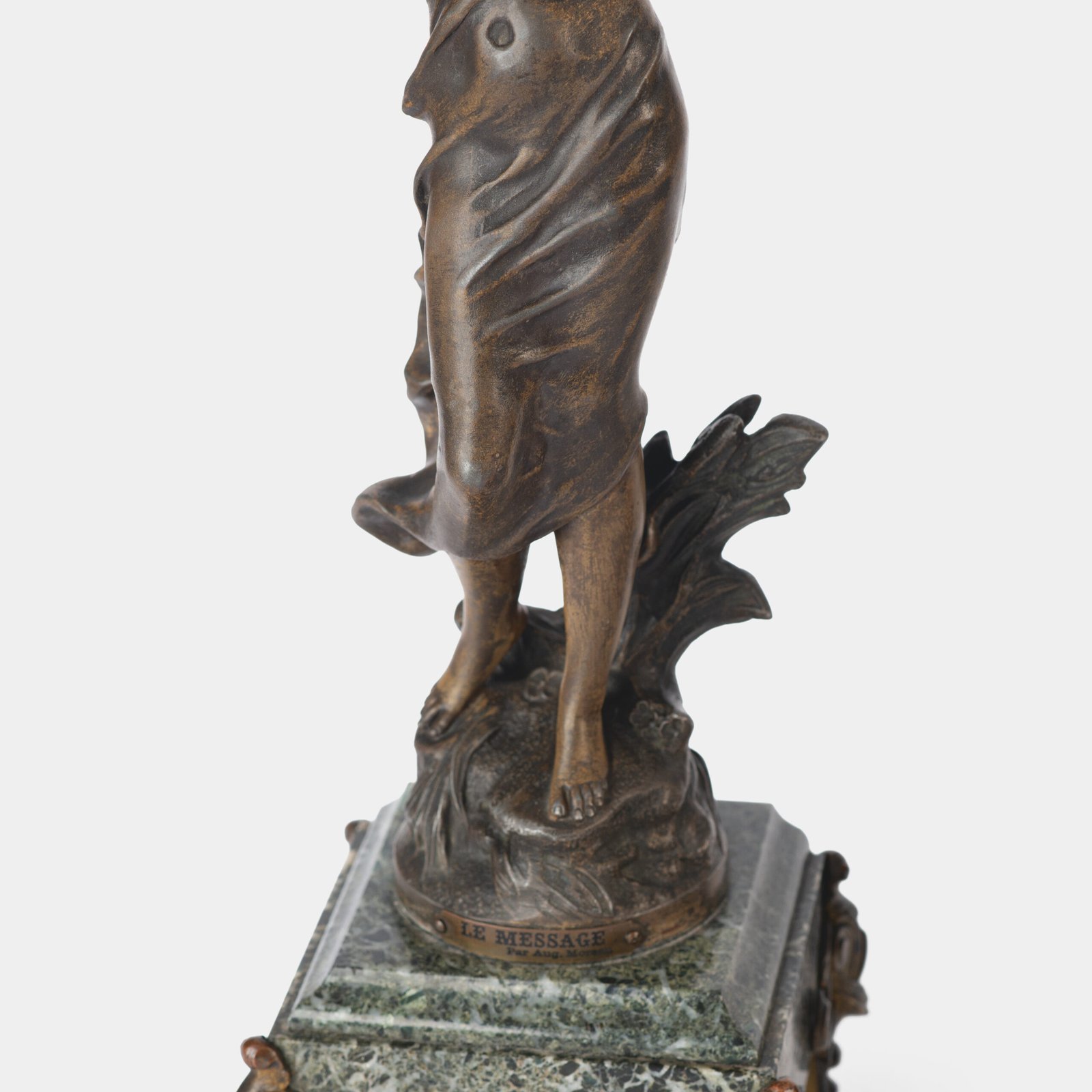 "Pair of Art Nouveau sculptures by Auguste Moreau, La Moisson and Le Message, in zinc with a bronze patina on a marble base, circa 1880-1900."