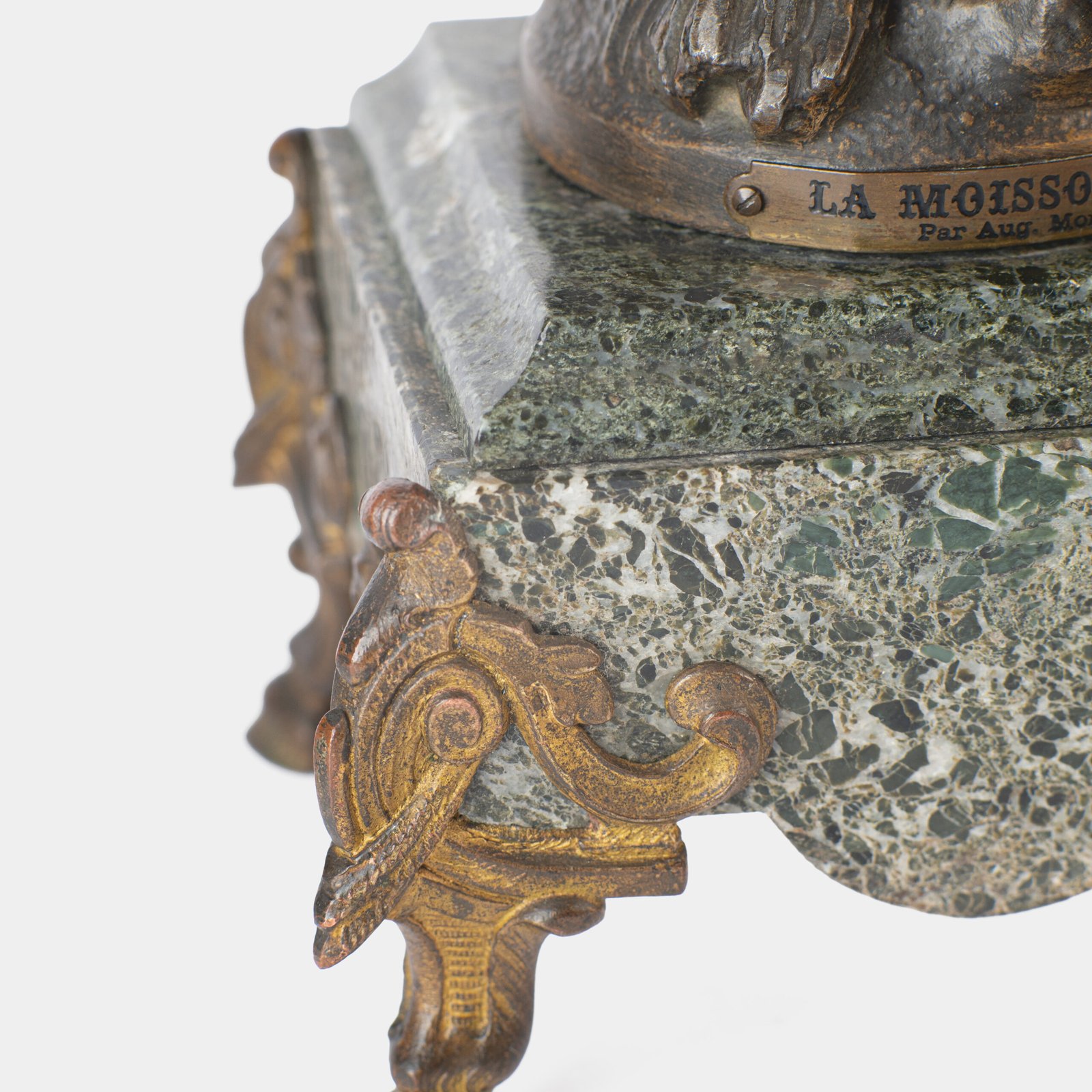 "Pair of Art Nouveau sculptures by Auguste Moreau, La Moisson and Le Message, in zinc with a bronze patina on a marble base, circa 1880-1900."