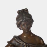 "Pair of Art Nouveau sculptures by Auguste Moreau, La Moisson and Le Message, in zinc with a bronze patina on a marble base, circa 1880-1900."