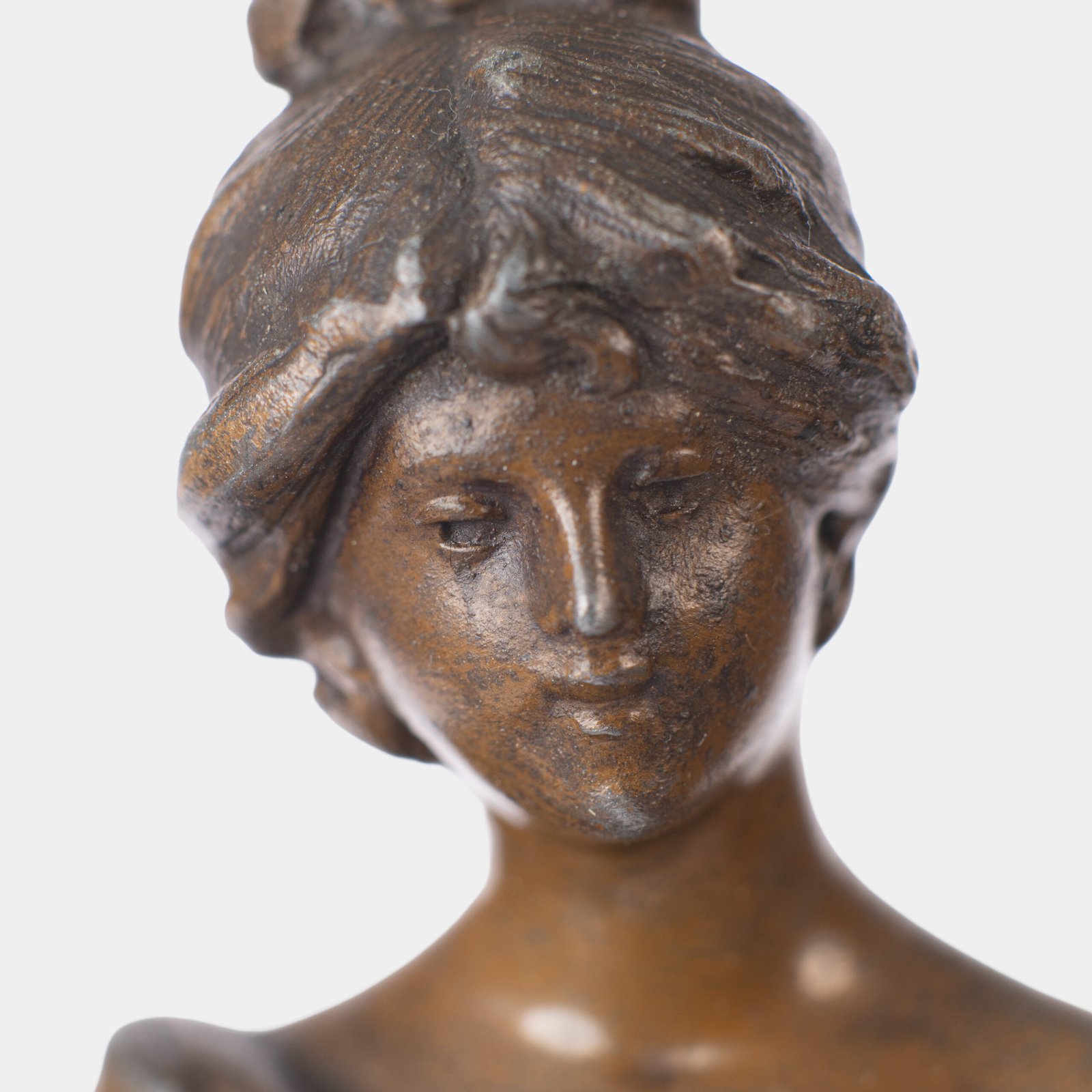 "Pair of Art Nouveau sculptures by Auguste Moreau, La Moisson and Le Message, in zinc with a bronze patina on a marble base, circa 1880-1900."