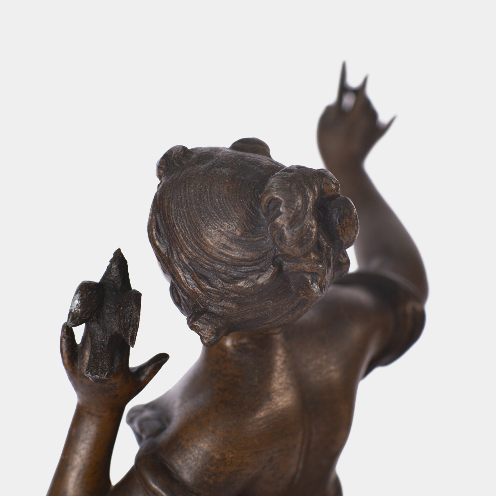 "Pair of Art Nouveau sculptures by Auguste Moreau, La Moisson and Le Message, in zinc with a bronze patina on a marble base, circa 1880-1900."
