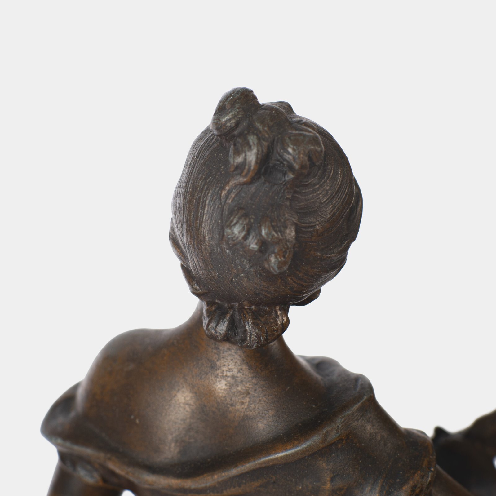 "Pair of Art Nouveau sculptures by Auguste Moreau, La Moisson and Le Message, in zinc with a bronze patina on a marble base, circa 1880-1900."
