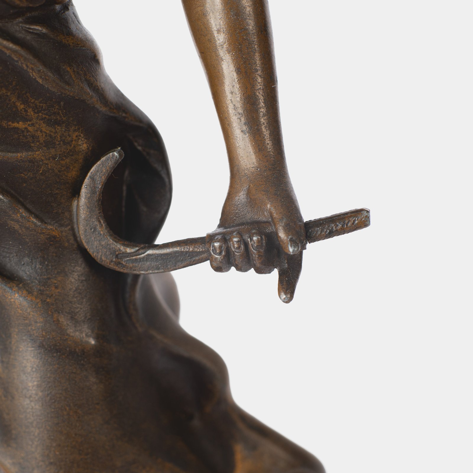 "Pair of Art Nouveau sculptures by Auguste Moreau, La Moisson and Le Message, in zinc with a bronze patina on a marble base, circa 1880-1900."