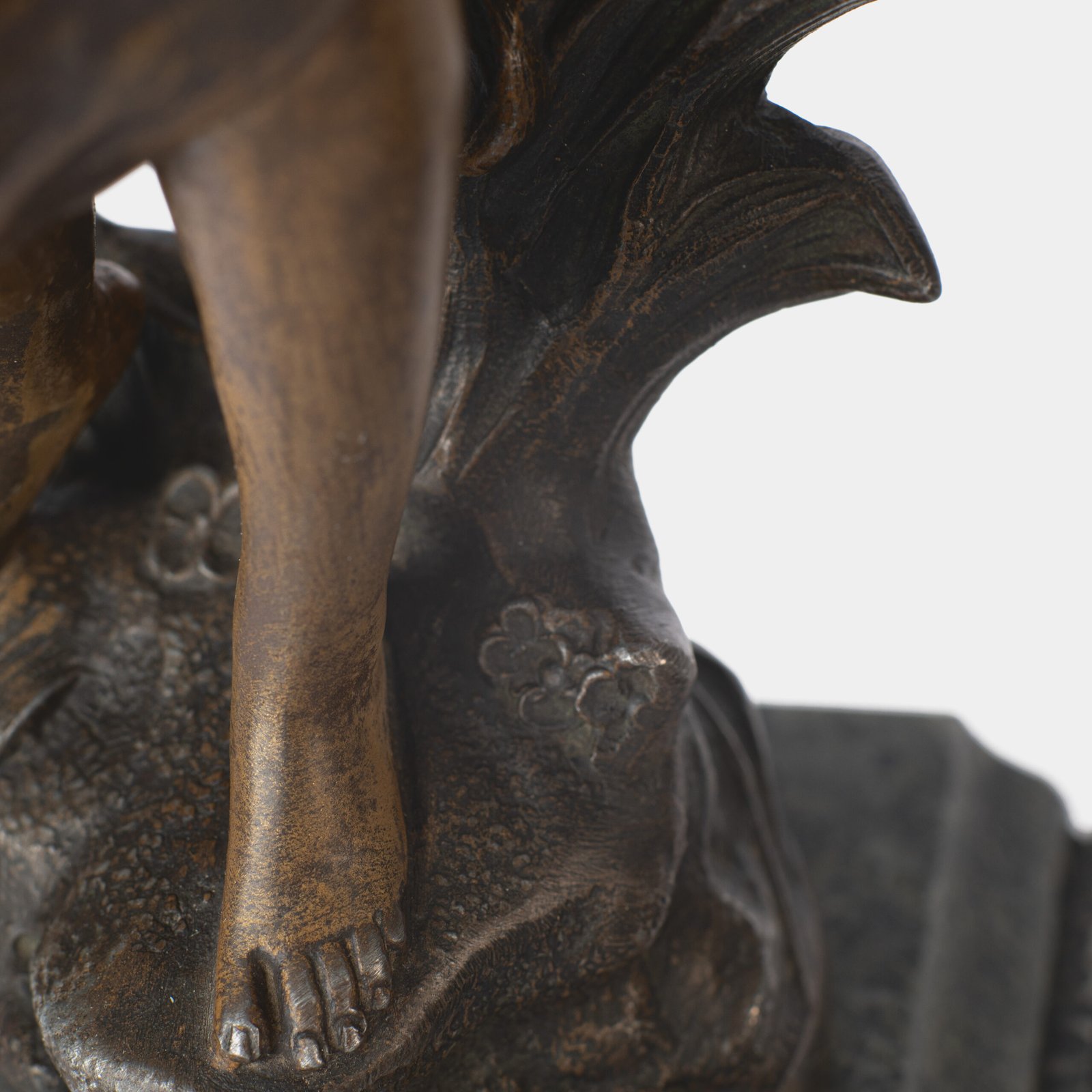 "Pair of Art Nouveau sculptures by Auguste Moreau, La Moisson and Le Message, in zinc with a bronze patina on a marble base, circa 1880-1900."