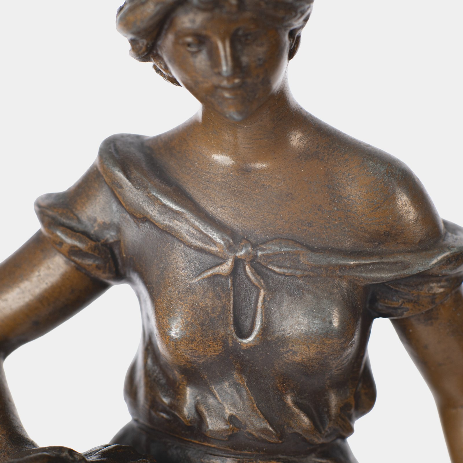 "Pair of Art Nouveau sculptures by Auguste Moreau, La Moisson and Le Message, in zinc with a bronze patina on a marble base, circa 1880-1900."