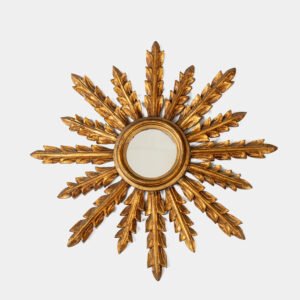 Portuguese Gilt Sunburst Mirror, ca. 1930 – hand-carved wood with water gilding in gold leaf, authentic patina and Portuguese Art Deco craftsmanship, piece available at Strana & Antic.