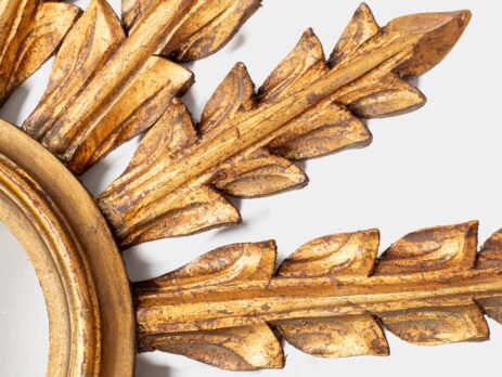 Portuguese Gilt Sunburst Mirror, ca. 1930 – hand-carved wood with water gilding in gold leaf, authentic patina and Portuguese Art Deco craftsmanship, piece available at Strana & Antic.