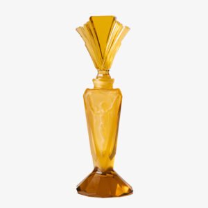 Large German Art Deco perfume bottle in satin-finished pressed amber glass, c. 1930, with figurative relief panels of nude female figures in different poses, faceted geometric base and tall fan-shaped stopper; height 29 cm / 11.42 in, width 9.5 cm / 3.74 in.
