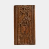 Historic Gothic oak relief with crowned fleur-de-lis arms of Anne de Bretagne, Flamboyant carving c.1495–1510, original patina.