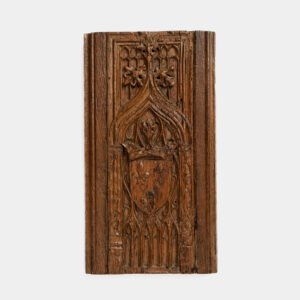 Historic Gothic oak relief with crowned fleur-de-lis arms of Anne de Bretagne, Flamboyant carving c.1495–1510, original patina.
