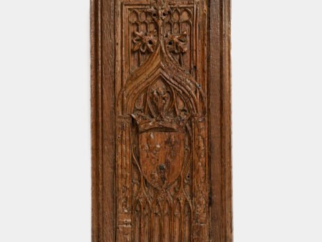 Historic Gothic oak relief with crowned fleur-de-lis arms of Anne de Bretagne, Flamboyant carving c.1495–1510, original patina.