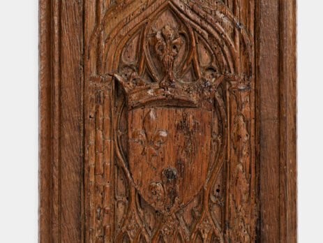 Historic Gothic oak relief with crowned fleur-de-lis arms of Anne de Bretagne, Flamboyant carving c.1495–1510, original patina.
