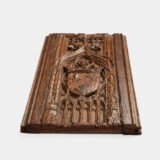 Historic Gothic oak relief with crowned fleur-de-lis arms of Anne de Bretagne, Flamboyant carving c.1495–1510, original patina.