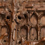 Historic Gothic oak relief with crowned fleur-de-lis arms of Anne de Bretagne, Flamboyant carving c.1495–1510, original patina.