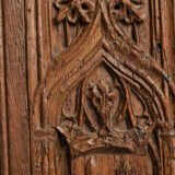 Historic Gothic oak relief with crowned fleur-de-lis arms of Anne de Bretagne, Flamboyant carving c.1495–1510, original patina.