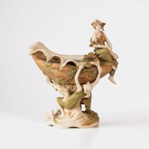 Magnificent Royal Dux Bohemia Art Nouveau porcelain centerpiece with two nymphs and organic lobed bowl, marked with the pink triangle and “E” for Eduard Eichler, ca. 1905–1918.