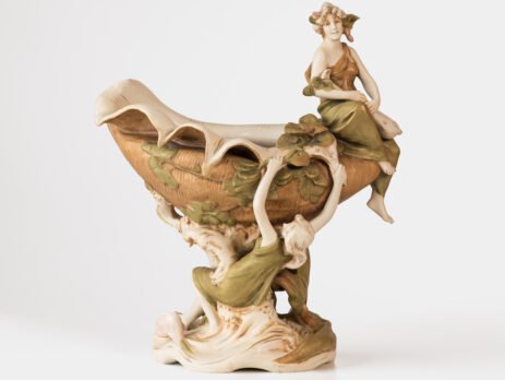 Magnificent Royal Dux Bohemia Art Nouveau porcelain centerpiece with two nymphs and organic lobed bowl, marked with the pink triangle and “E” for Eduard Eichler, ca. 1905–1918.