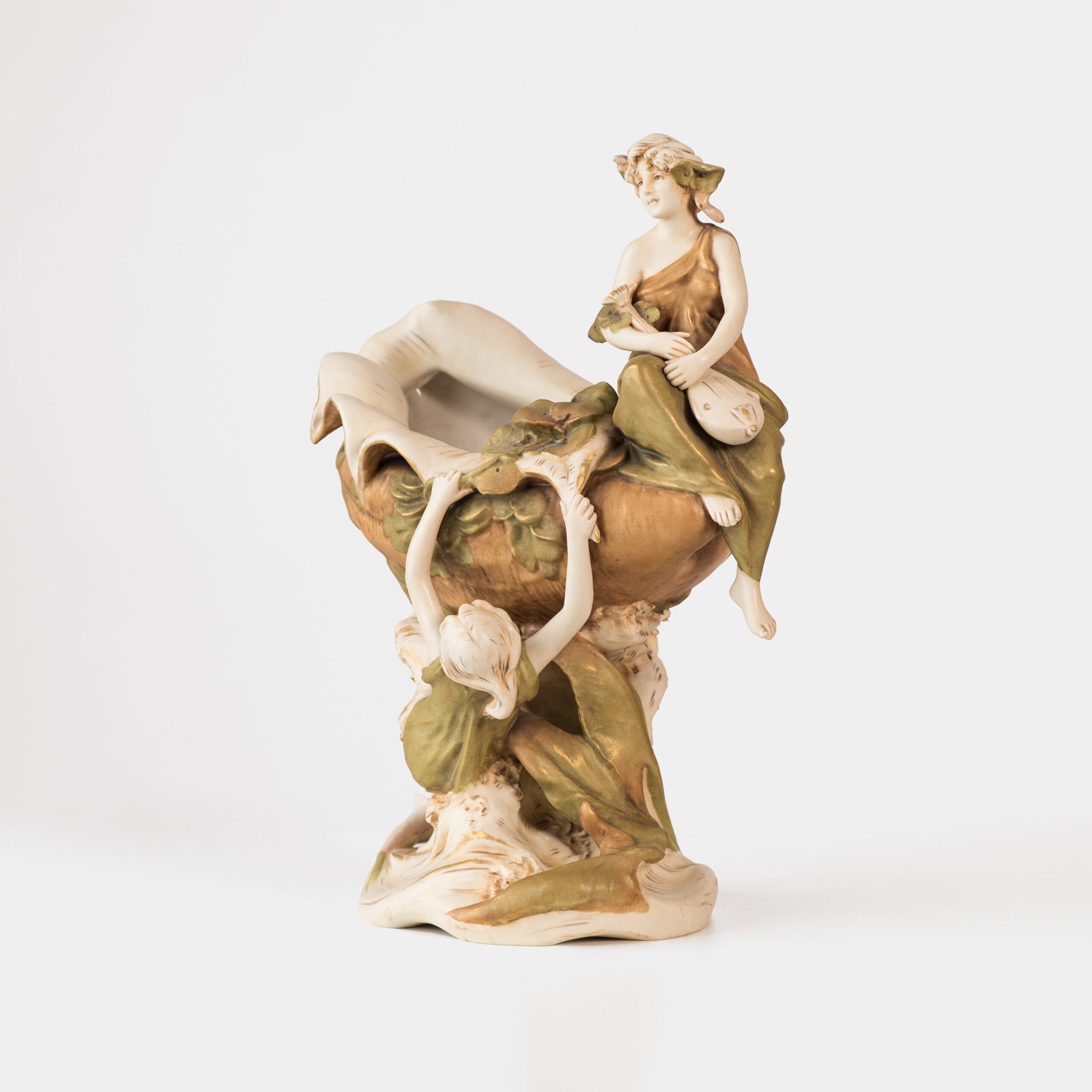 Magnificent Royal Dux Bohemia Art Nouveau porcelain centerpiece with two nymphs and organic lobed bowl, marked with the pink triangle and “E” for Eduard Eichler, ca. 1905–1918.