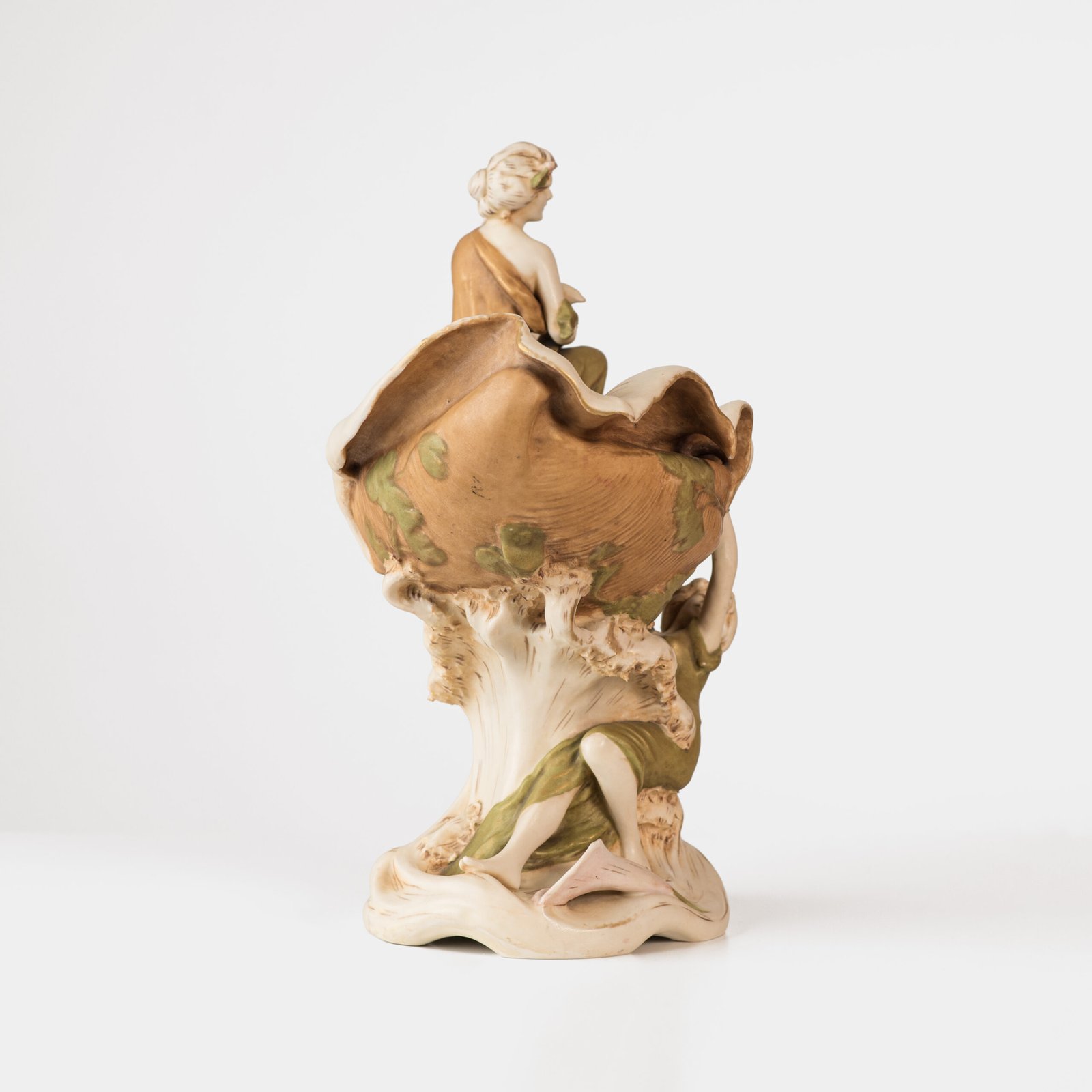 Magnificent Royal Dux Bohemia Art Nouveau porcelain centerpiece with two nymphs and organic lobed bowl, marked with the pink triangle and “E” for Eduard Eichler, ca. 1905–1918.