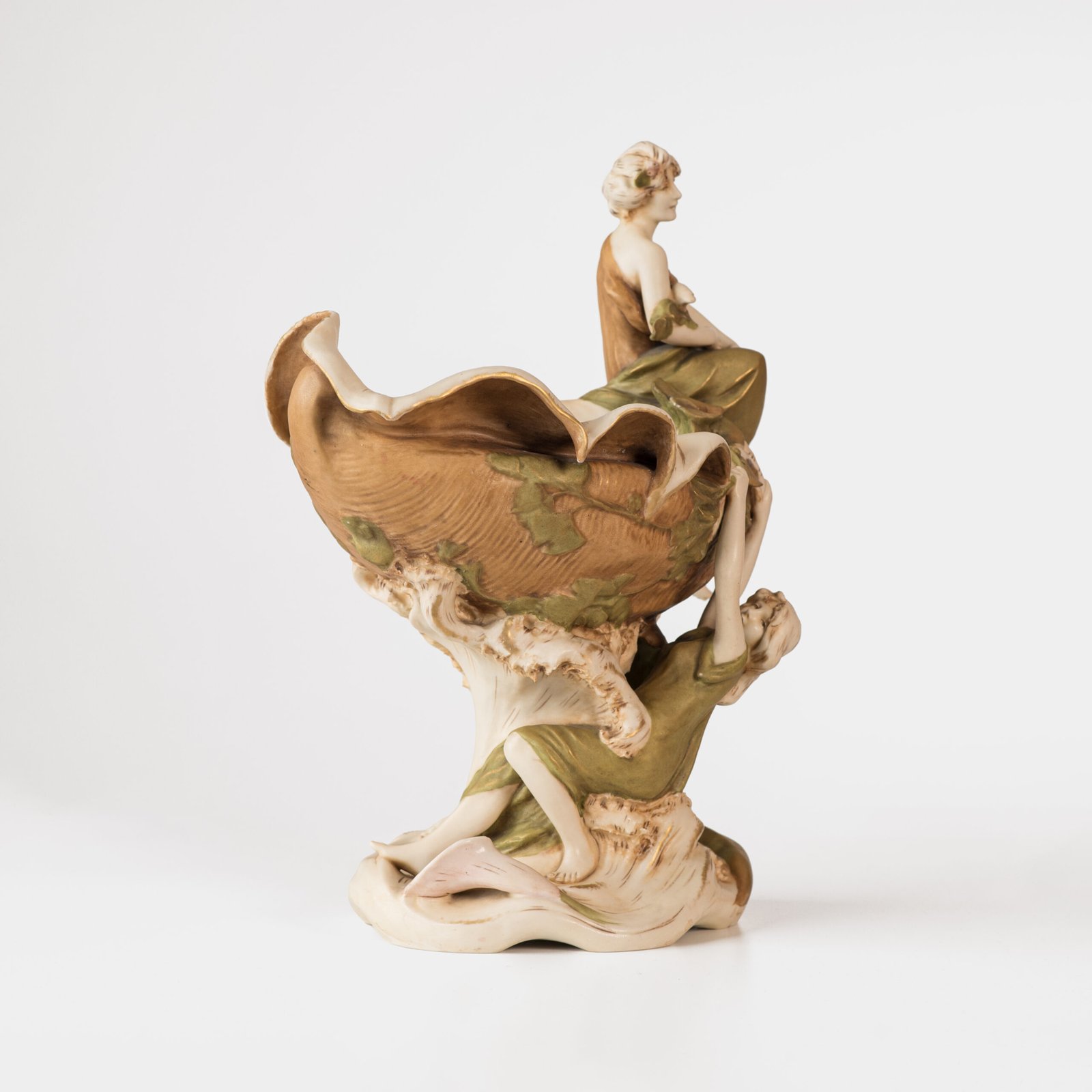 Magnificent Royal Dux Bohemia Art Nouveau porcelain centerpiece with two nymphs and organic lobed bowl, marked with the pink triangle and “E” for Eduard Eichler, ca. 1905–1918.