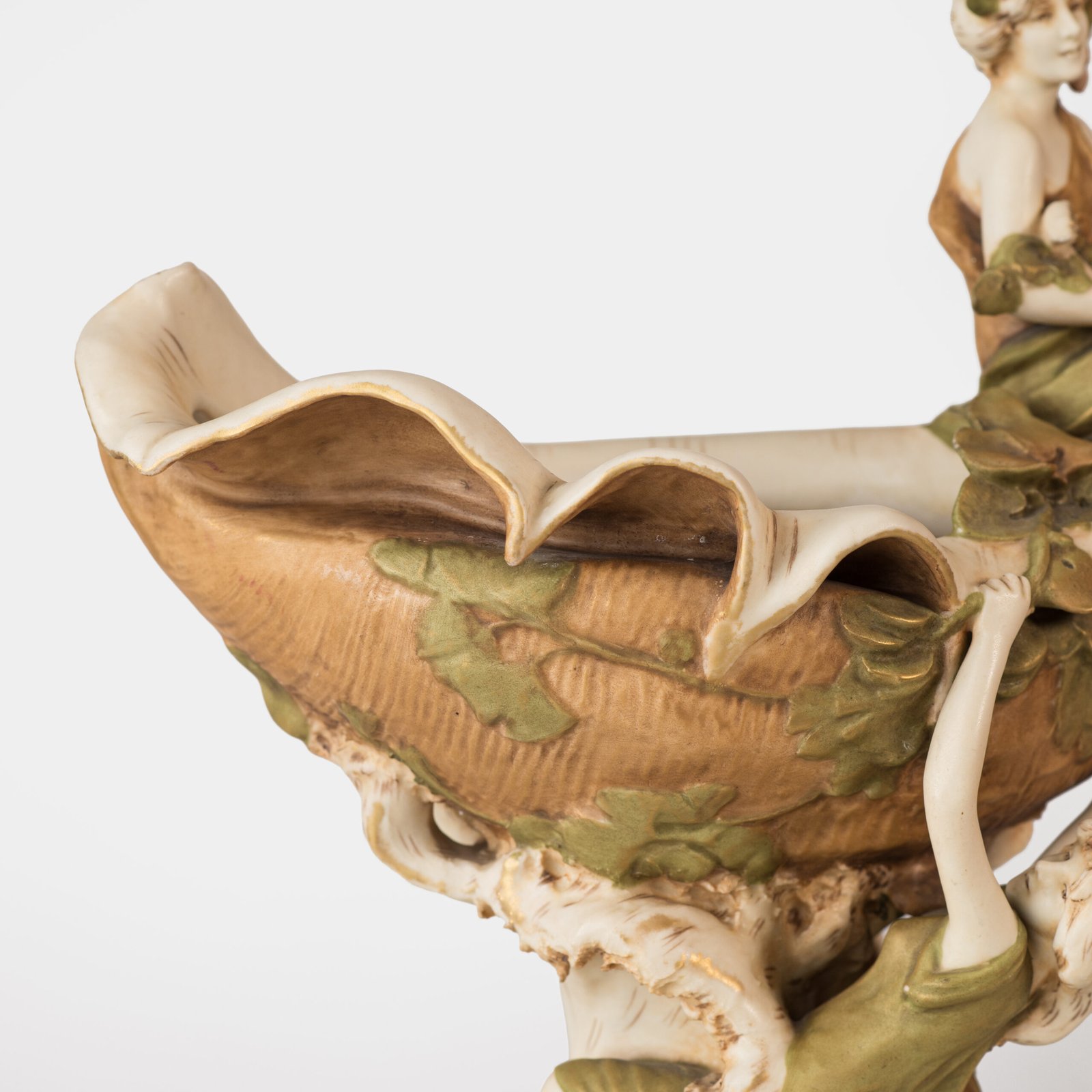 Magnificent Royal Dux Bohemia Art Nouveau porcelain centerpiece with two nymphs and organic lobed bowl, marked with the pink triangle and “E” for Eduard Eichler, ca. 1905–1918.