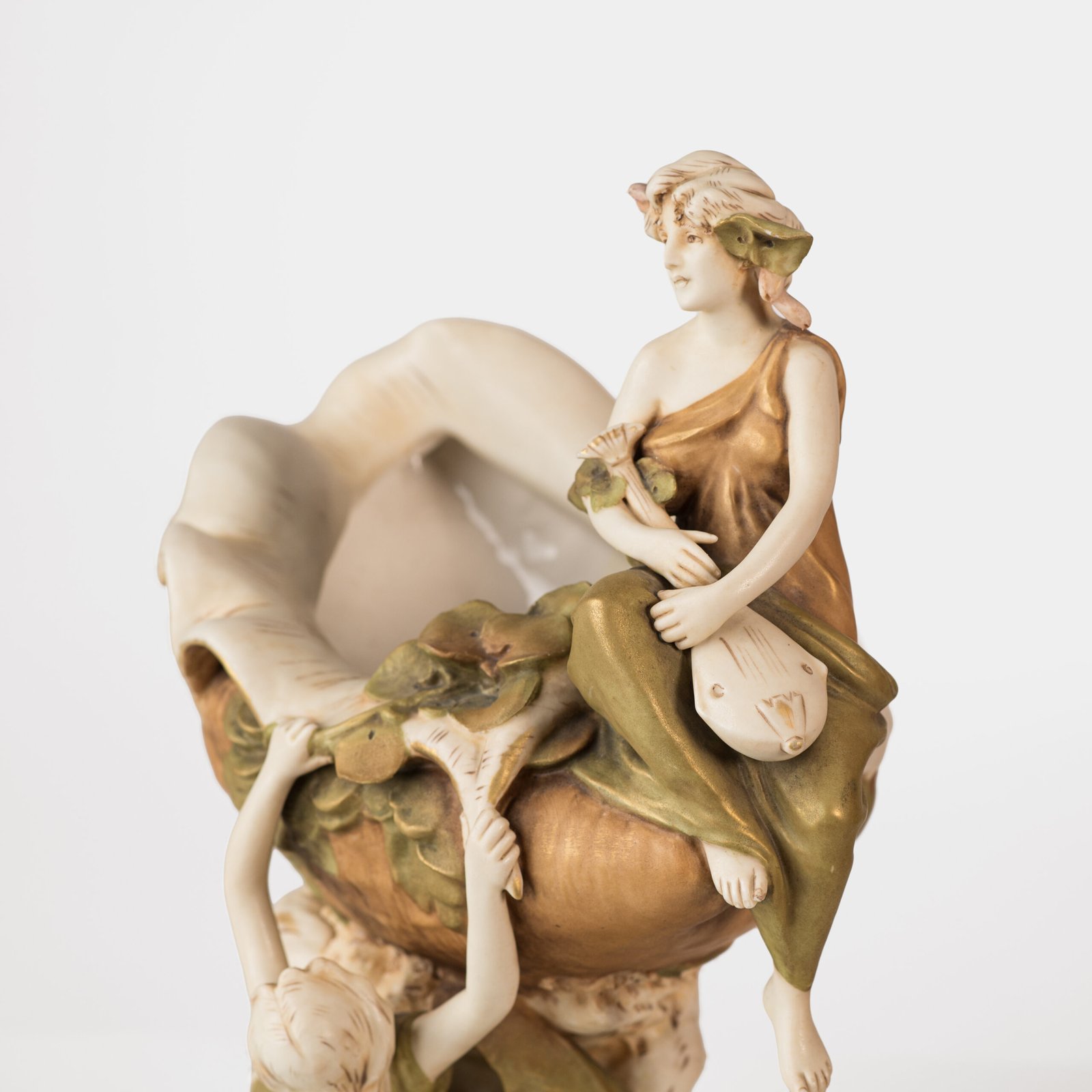 Magnificent Royal Dux Bohemia Art Nouveau porcelain centerpiece with two nymphs and organic lobed bowl, marked with the pink triangle and “E” for Eduard Eichler, ca. 1905–1918.