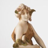 Magnificent Royal Dux Bohemia Art Nouveau porcelain centerpiece with two nymphs and organic lobed bowl, marked with the pink triangle and “E” for Eduard Eichler, ca. 1905–1918.