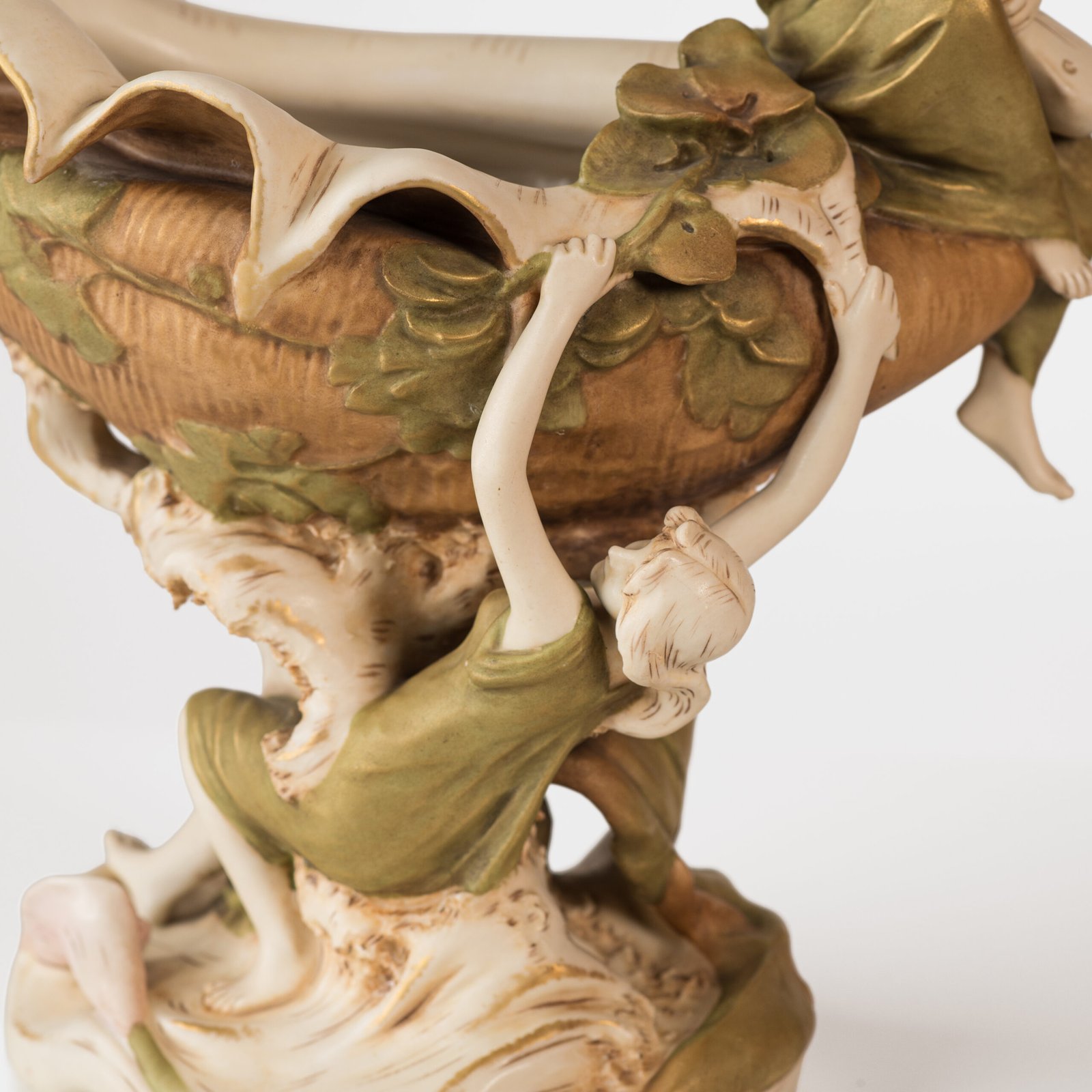 Magnificent Royal Dux Bohemia Art Nouveau porcelain centerpiece with two nymphs and organic lobed bowl, marked with the pink triangle and “E” for Eduard Eichler, ca. 1905–1918.