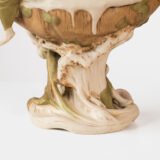 Magnificent Royal Dux Bohemia Art Nouveau porcelain centerpiece with two nymphs and organic lobed bowl, marked with the pink triangle and “E” for Eduard Eichler, ca. 1905–1918.