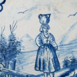 Rare 17th-century Delft blue plate by Adriaen Kocks, ca. 1686–1700, cabinet plate with finely painted rural female figure, signed AK.