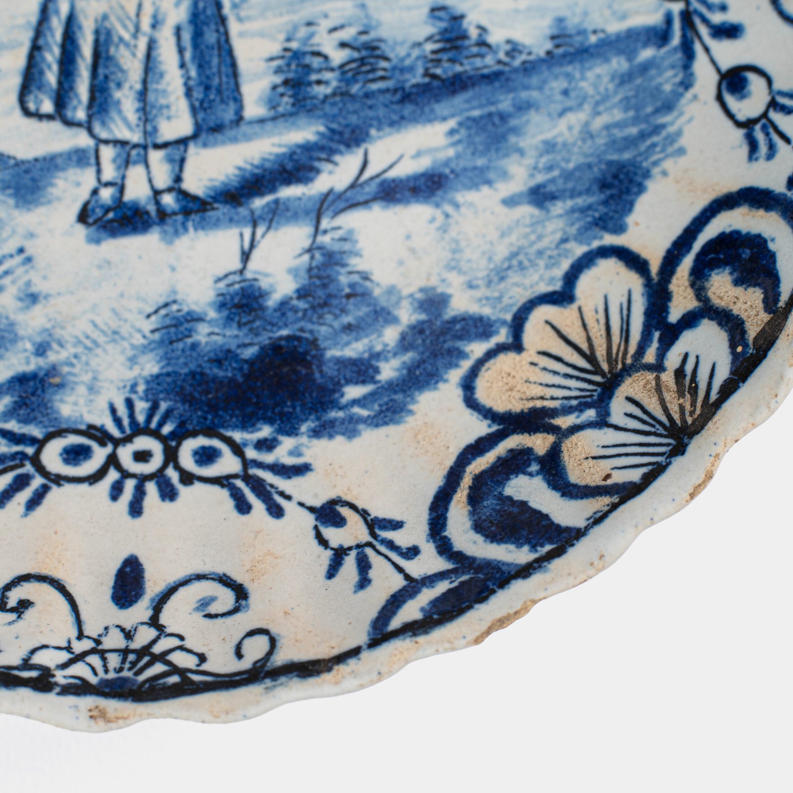 Rare 17th-century Delft blue plate by Adriaen Kocks, ca. 1686–1700, cabinet plate with finely painted rural female figure, signed AK.