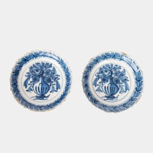 Delft blue plates – antique hand-painted Delftware pair, 18th century