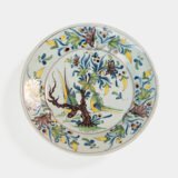18th century French faience plate with polychrome birds and floral decoration, attributed to Desvres or Vron, wall-mounted antique ceramic, ca. 1760–1780