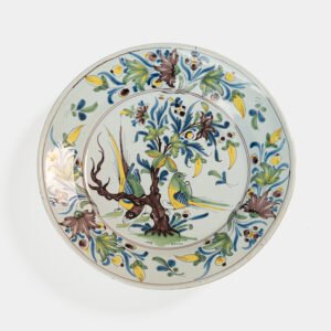 18th century French faience plate with polychrome birds and floral decoration, attributed to Desvres or Vron, wall-mounted antique ceramic, ca. 1760–1780