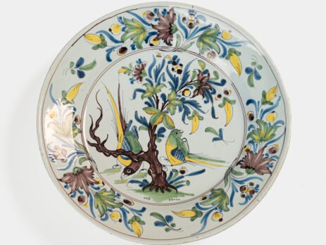 18th century French faience plate with polychrome birds and floral decoration, attributed to Desvres or Vron, wall-mounted antique ceramic, ca. 1760–1780