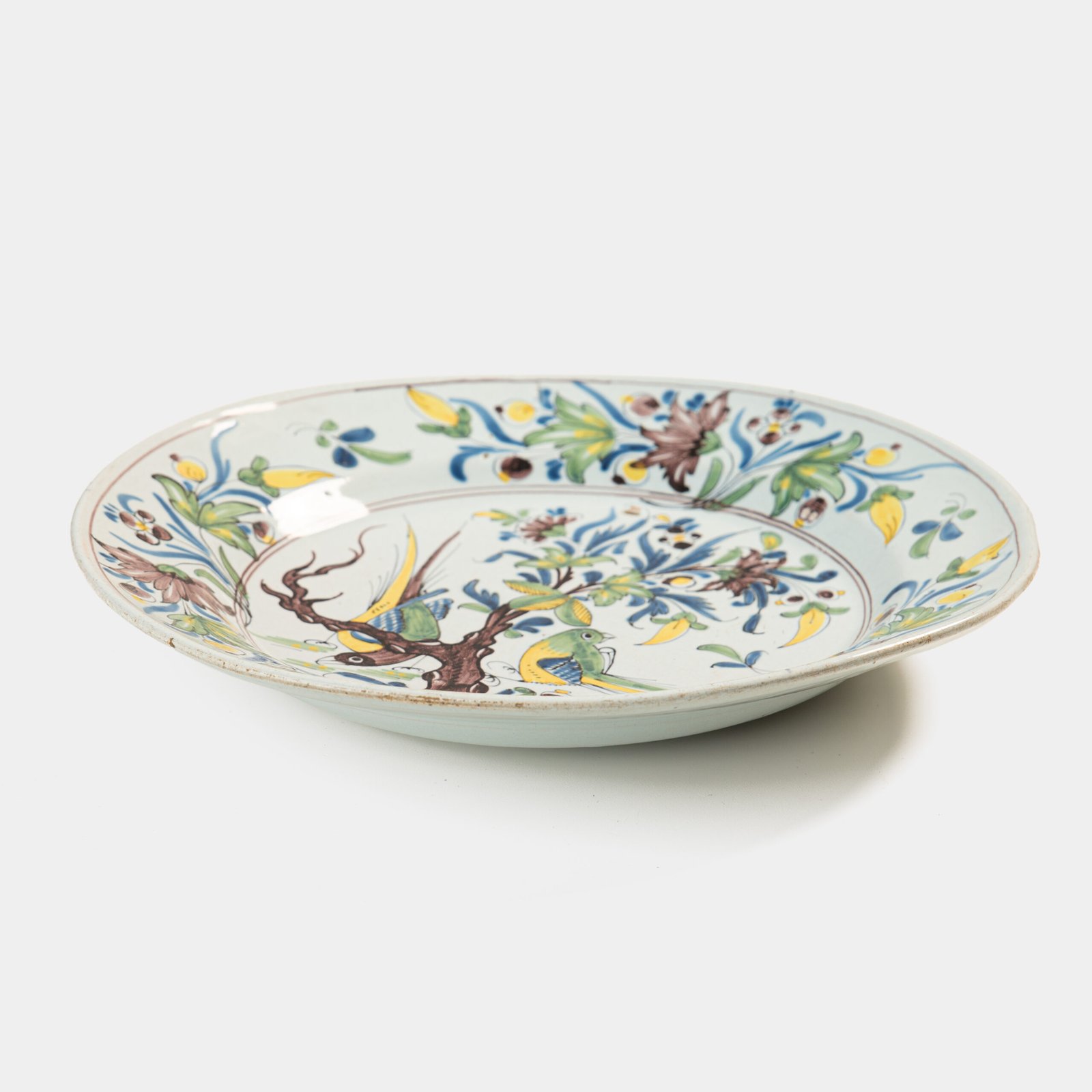 18th century French faience plate with polychrome birds and floral decoration, attributed to Desvres or Vron, wall-mounted antique ceramic, ca. 1760–1780