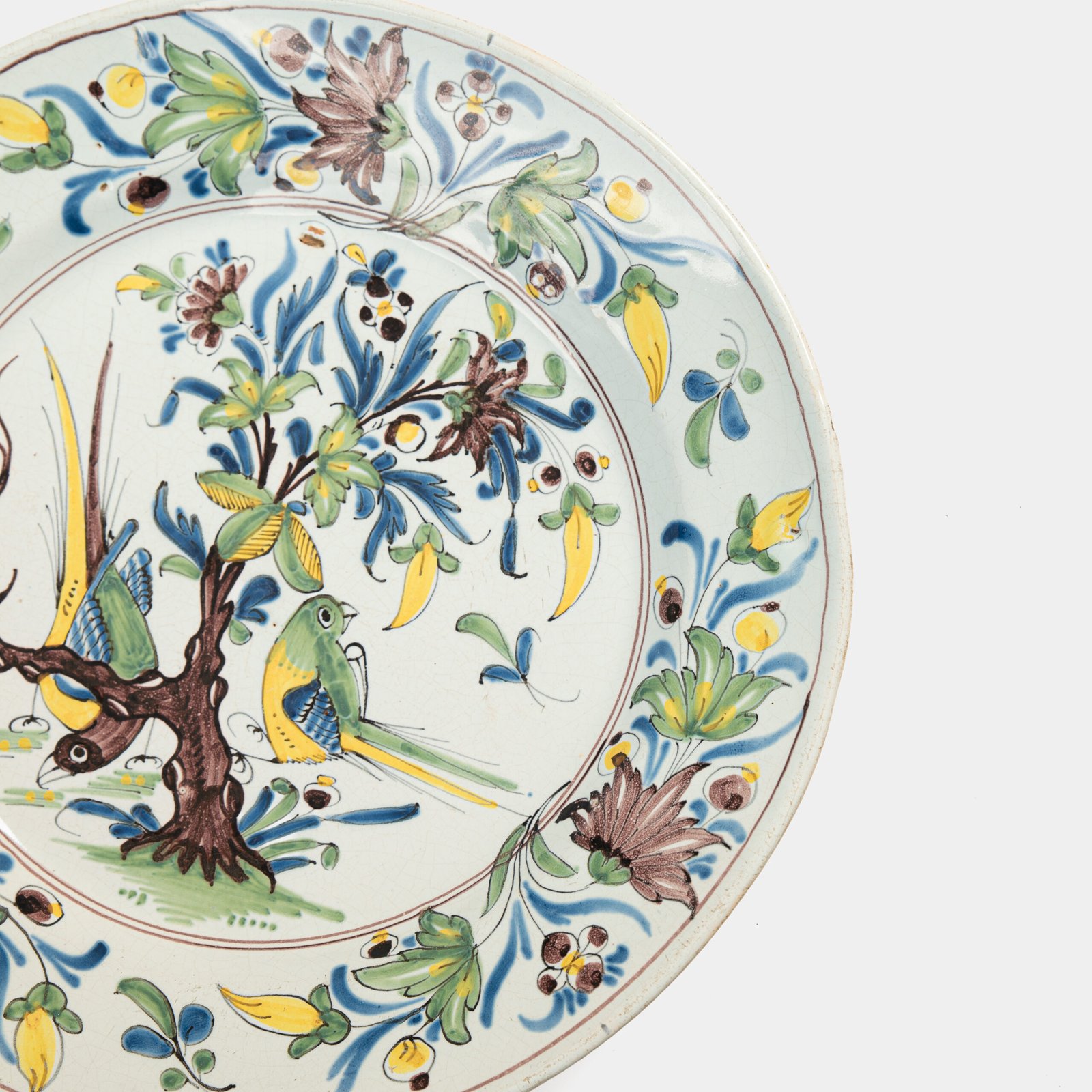 18th century French faience plate with polychrome birds and floral decoration, attributed to Desvres or Vron, wall-mounted antique ceramic, ca. 1760–1780