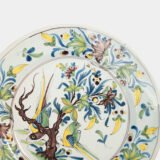 18th century French faience plate with polychrome birds and floral decoration, attributed to Desvres or Vron, wall-mounted antique ceramic, ca. 1760–1780
