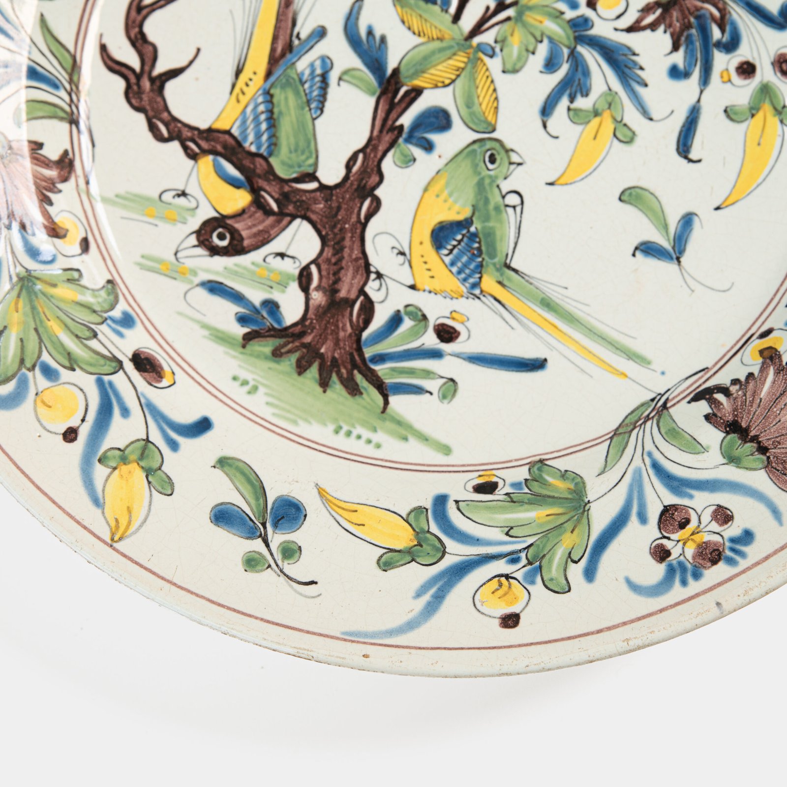 18th century French faience plate with polychrome birds and floral decoration, attributed to Desvres or Vron, wall-mounted antique ceramic, ca. 1760–1780